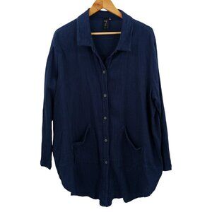 Focus Casual Life Button Front Tunic Gauze Shirt Size 1XL Blue Lagenlook Cotton